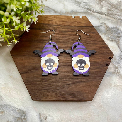 Wooden Dangle Earrings - Halloween - Gnome Wing Skull