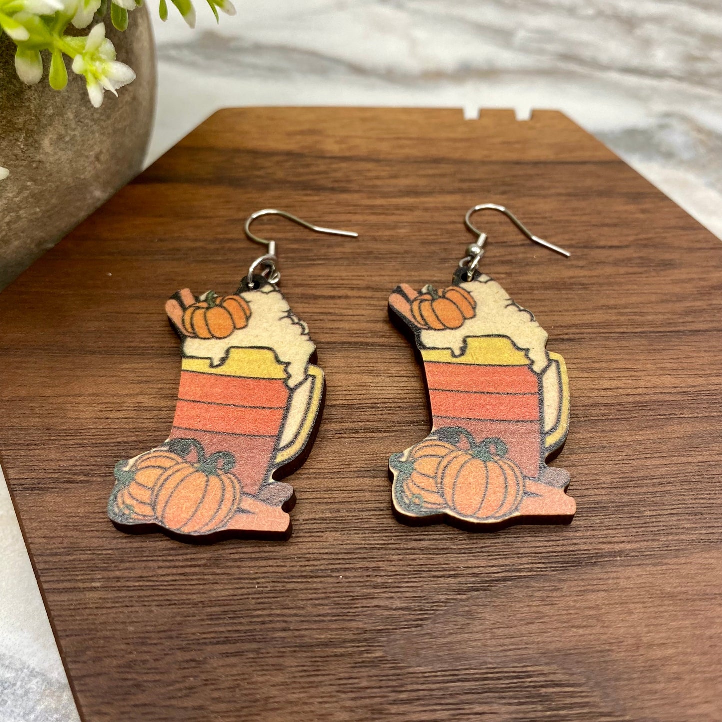 Wooden Dangle Earrings - Fall - #7