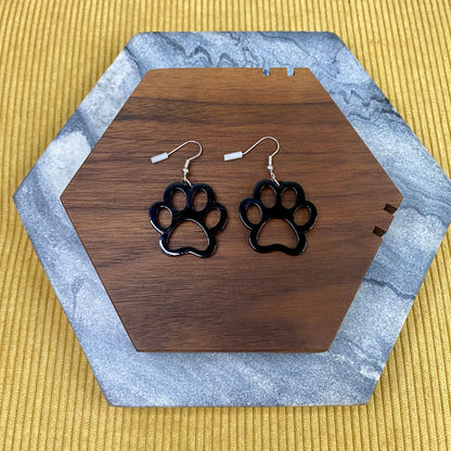 Acrylic Dangle Cutout Earrings - Black Paw Print