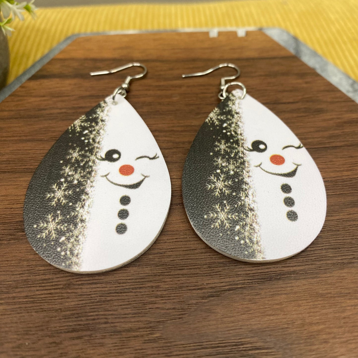 Faux Leather Earrings - Christmas - Winky Face Snowman