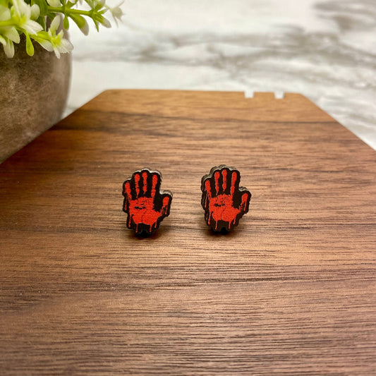 Wooden Stud Earrings - Halloween - Bloody Hand Print