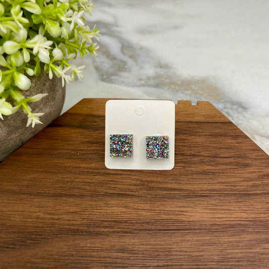 Acrylic Stud Earrings - Square Silver Glitter