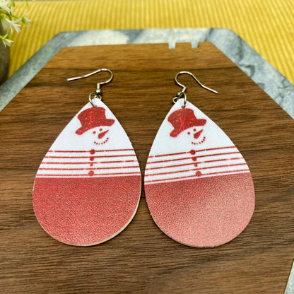 Faux Leather Earrings - Christmas - Red Snowman