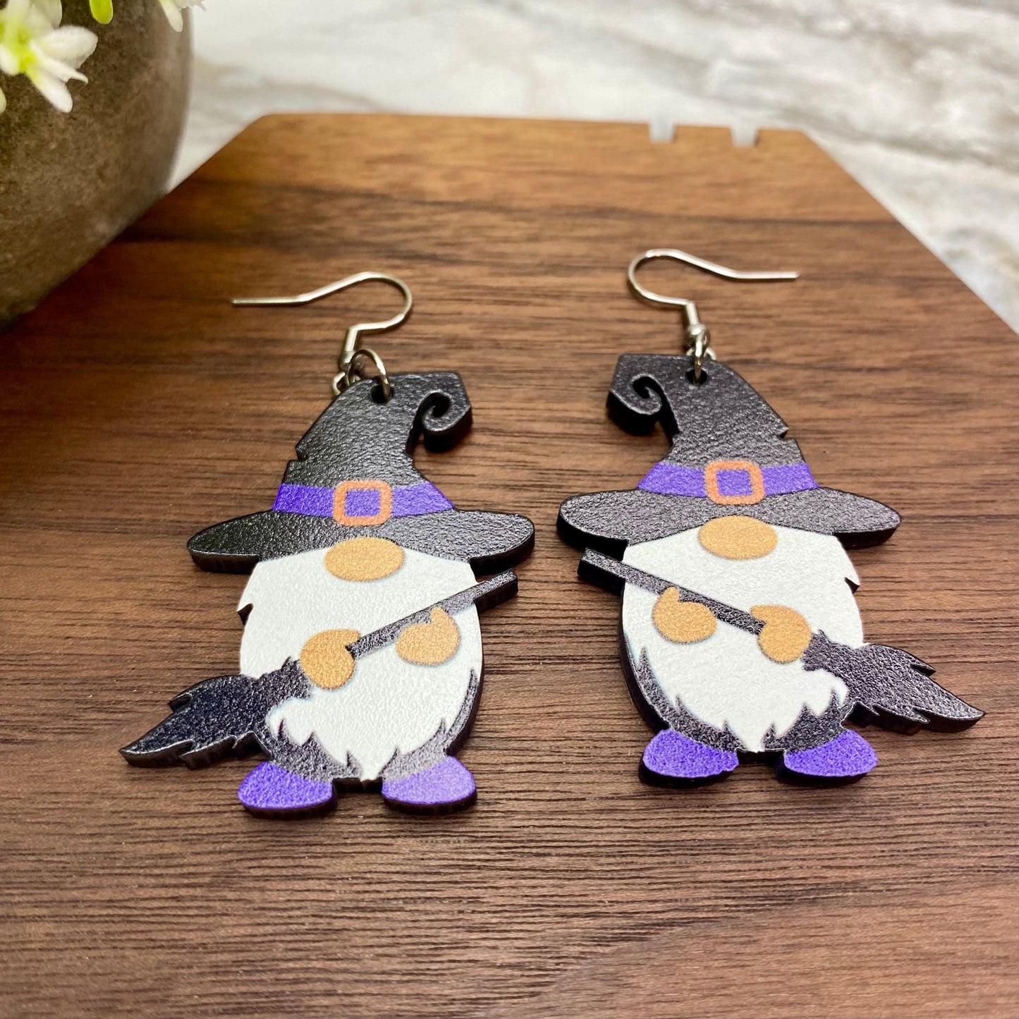 Wooden Dangle Earrings - Halloween - Gnome Witch